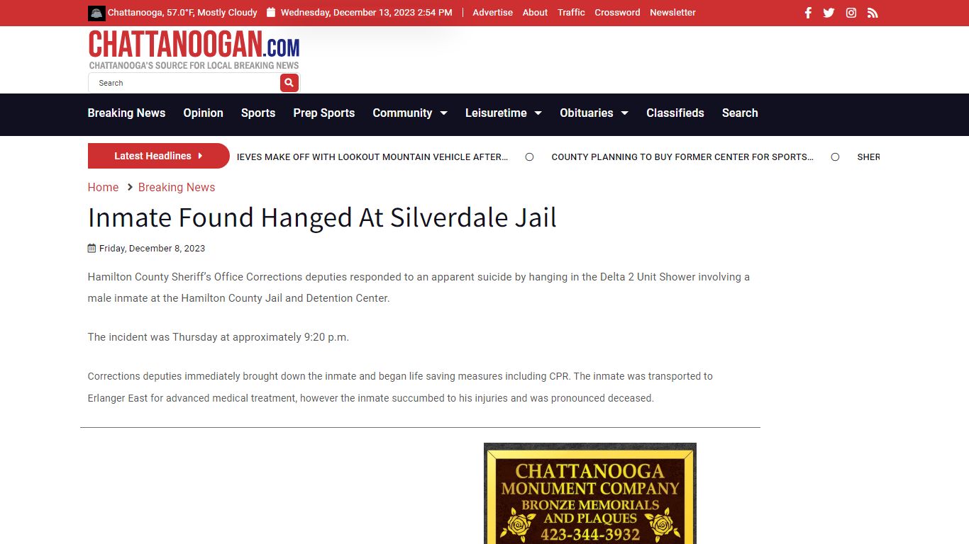 Inmate Found Hanged At Silverdale Jail - Chattanoogan.com